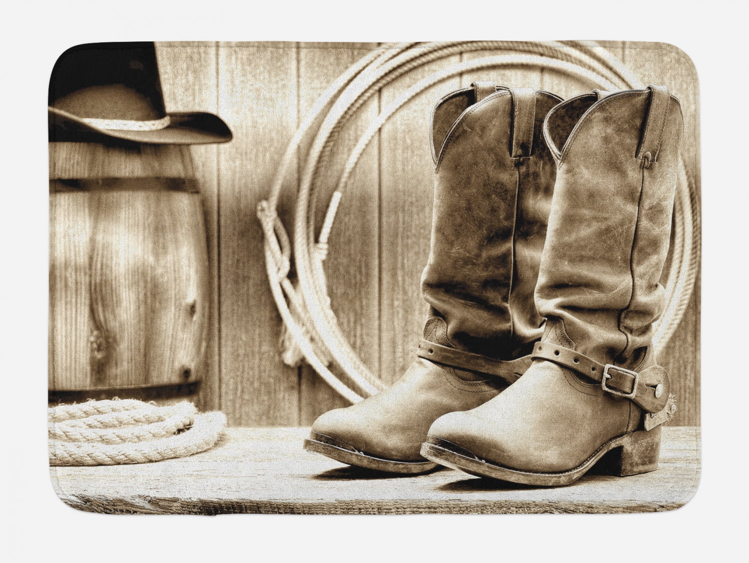 Cowboy Hat Boots and Rope on Wooden Bathroom Rug Non-Slip Floor Door Mat 16x24" 