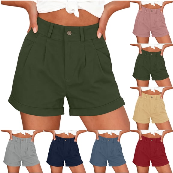 Horkkom Linen Shorts for Women Button Zipper Elastic Waist Shorts Summer Vacation Casual Shorts with Pockets L