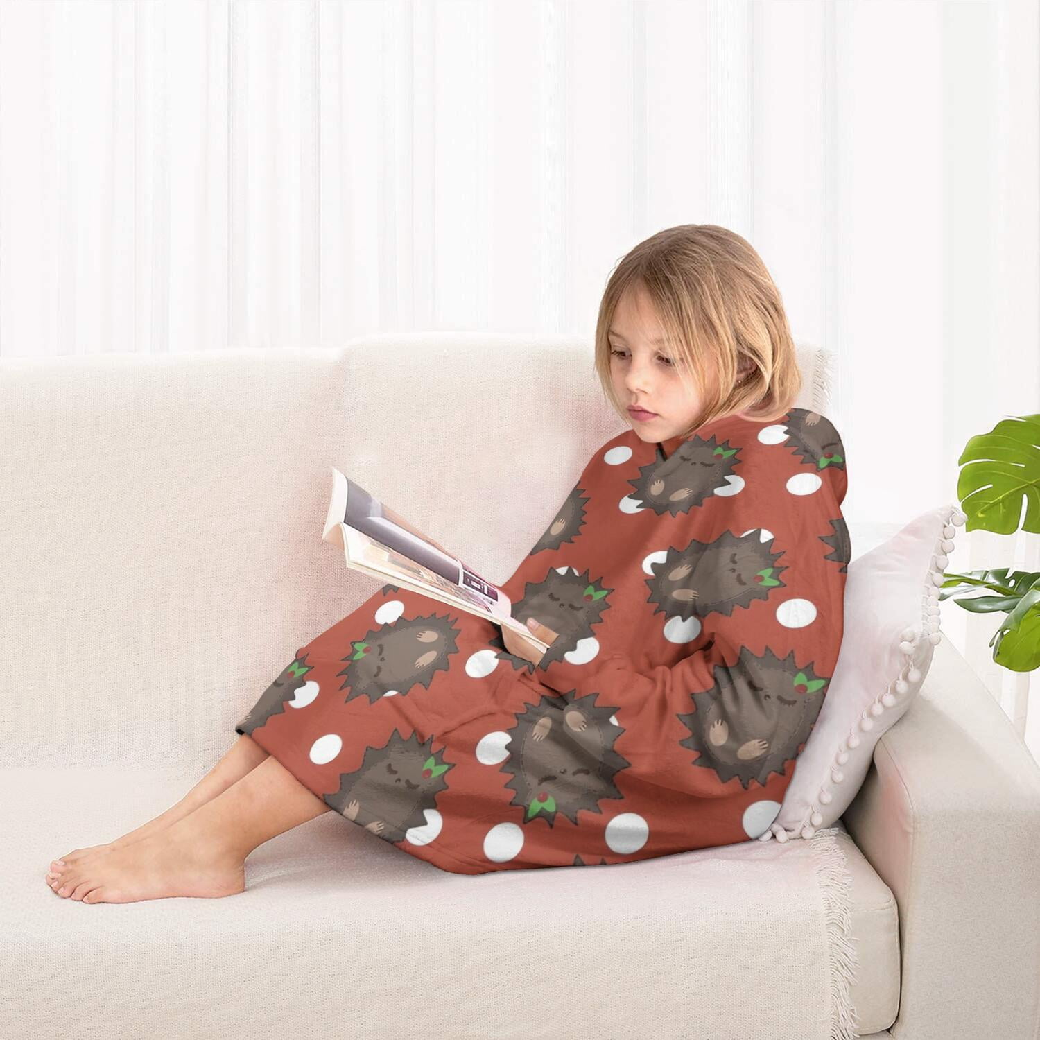 Red Hedgehog Pattern Blanket Hoodies for Kids 6-13YR Oversize Wearable Blanket Hoodies for Boys Girls Teens