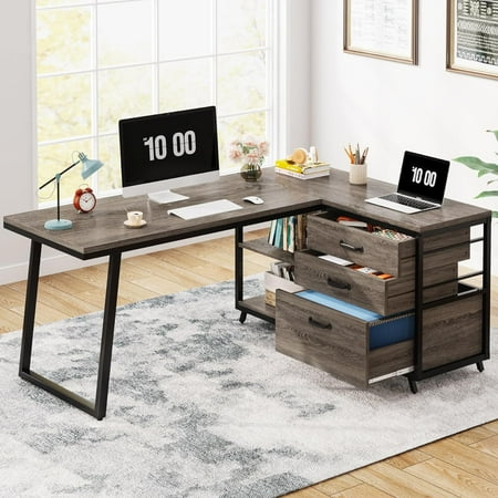 Tribesigns L-Shaped Desk with 3 Drawers Reversible Corner Computer Desk with Storage Shelves 53-Inch Industrial Study Writing Table Workstation for Home Office Gray