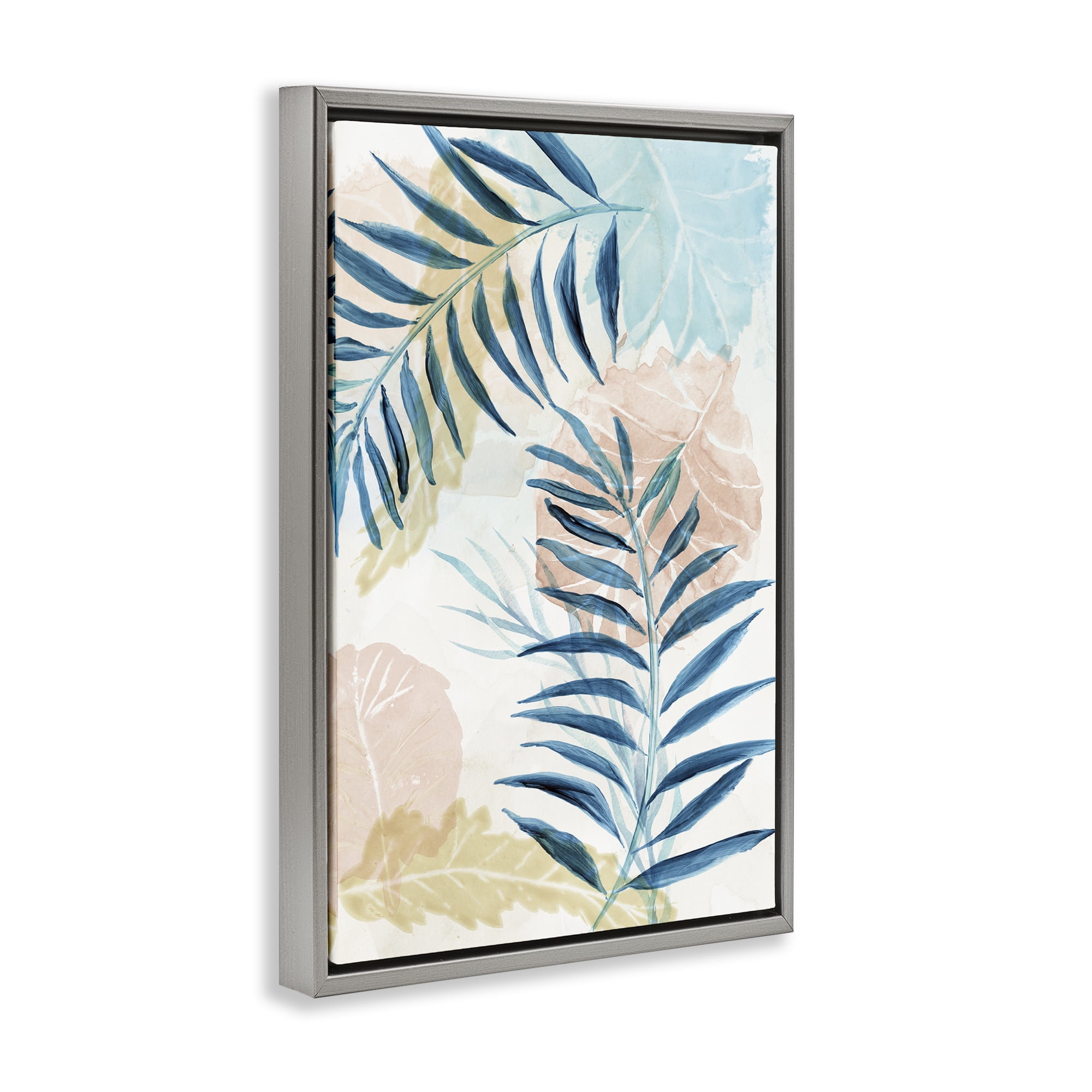 Stupell Industries Blue Palm Fronds in Pastel Haze Gray Framed Floater Canvas Wall Art, design by Nan