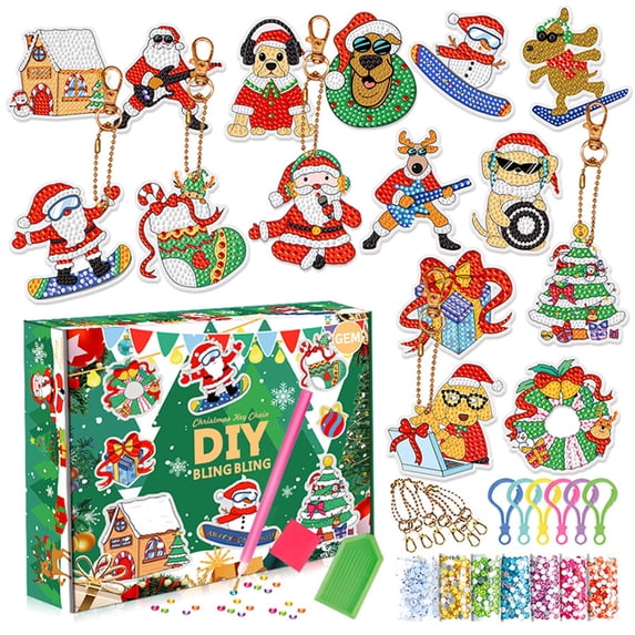 hirigin Christmas Diamond Key Chain Kits, 5D DIY Diamond Painting Key Ring Pendants Hanging Ornaments
