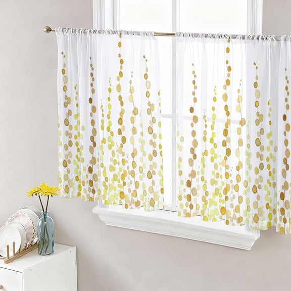 Sage Green Polka Dots Sheer Curtains 54 Inch Length 2 Panels Set, Yellow Watercolor Abstract Art Voile Window Treatment Rod Pocket Short Kitchen Curtains Drapes for Bedroom 52"x54"x2