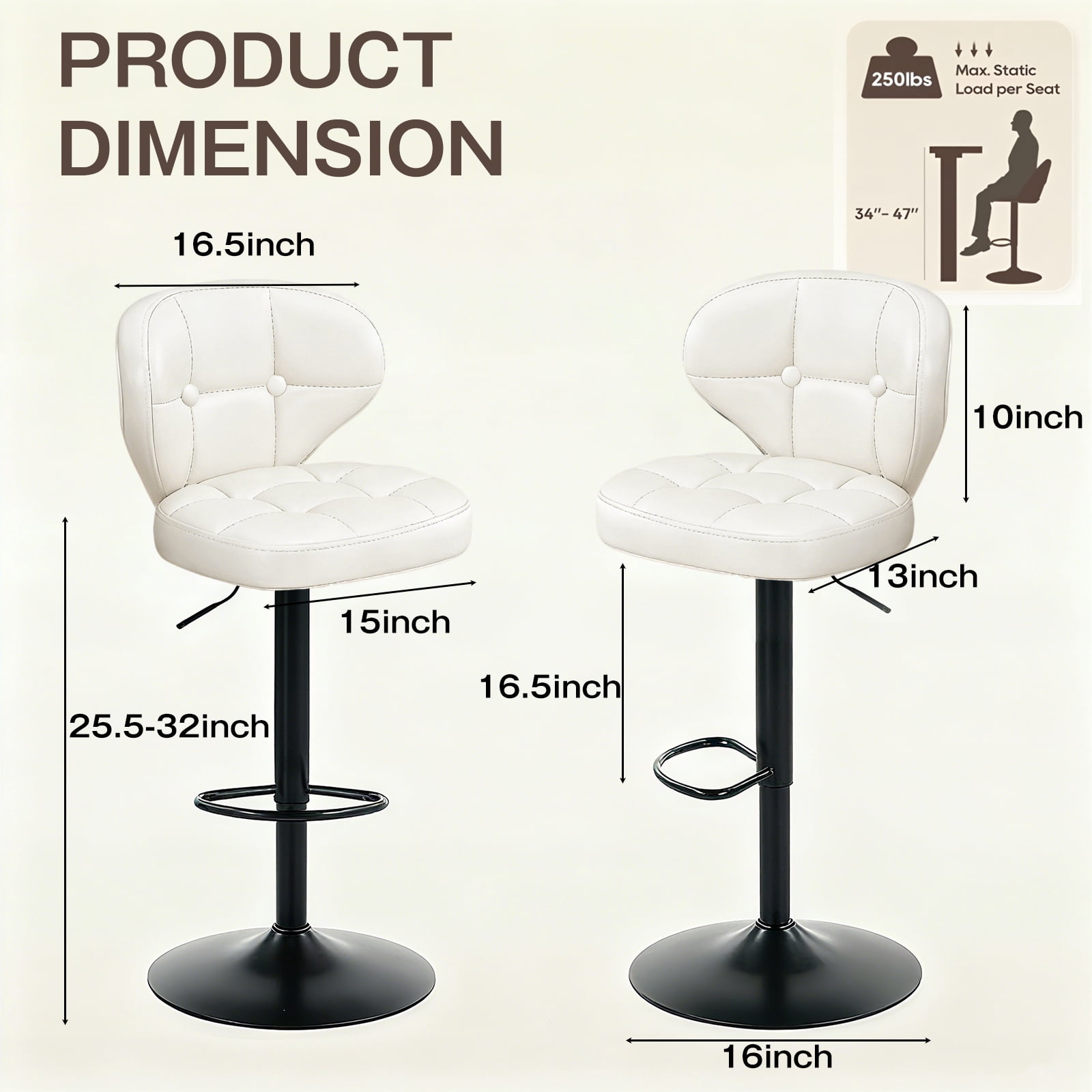 Bar Stools Set of 2, Adjustable Swivel Bar Chairs with 360° Rotation, Padded Counter Stools with Back and Footrest for Kitchen Island, Bistro, Cafe, and Home Use