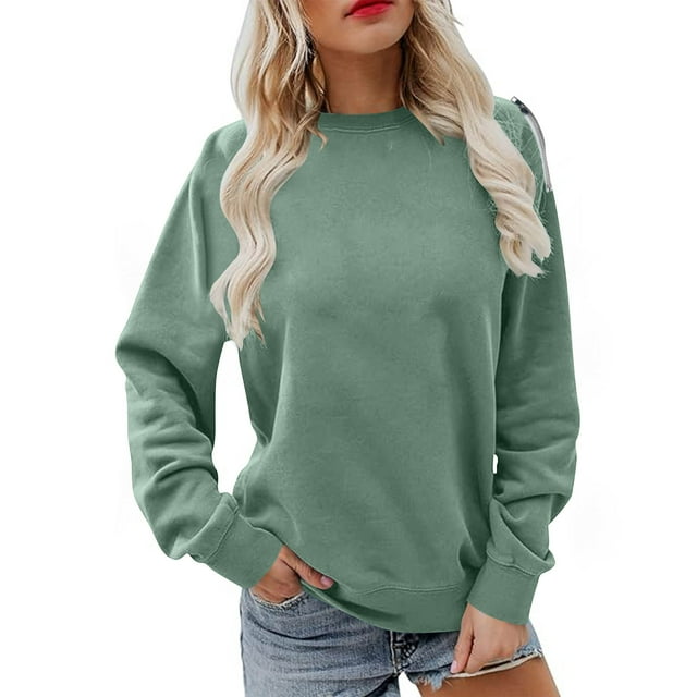 Enjoytime Hauts Tendance pour Femmes Couleur Unie Col Rond Manches Longues Blouse Ample Décontractée Automne Hiver Mode Chemises Vert TG