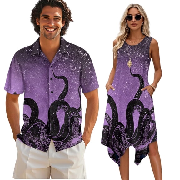 Psesaysky Octopus Print Couples Matching Outfit Sleeveless Dress for Women A Line Tank Sundress &Mens Button Down Shirts for Party Holiday,S-5XL