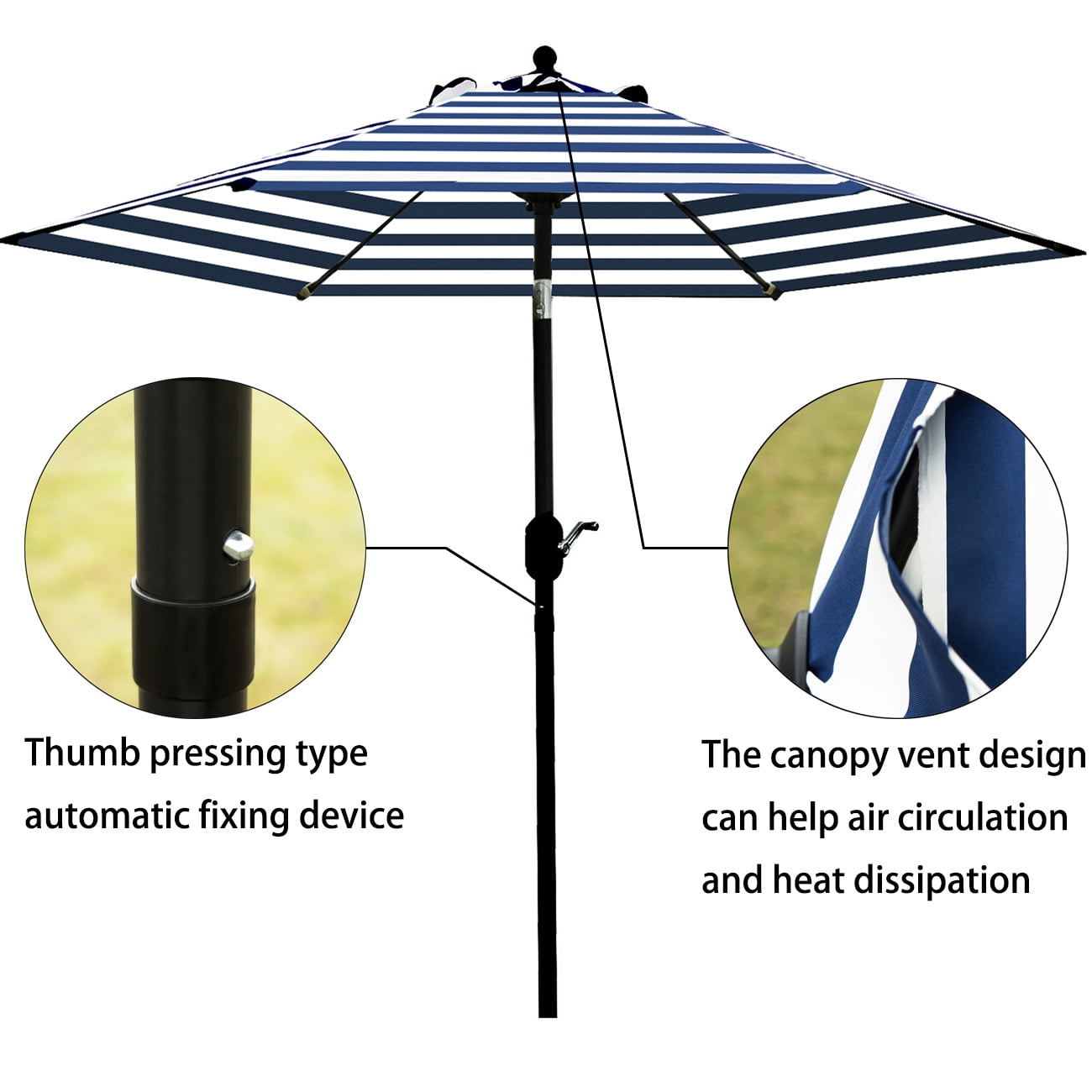 Bibana 7.5 ft Outdoor Patio Umbrella Table Umbrella with 6 Ribs, Push Button Tilt/Crank - Blue and White