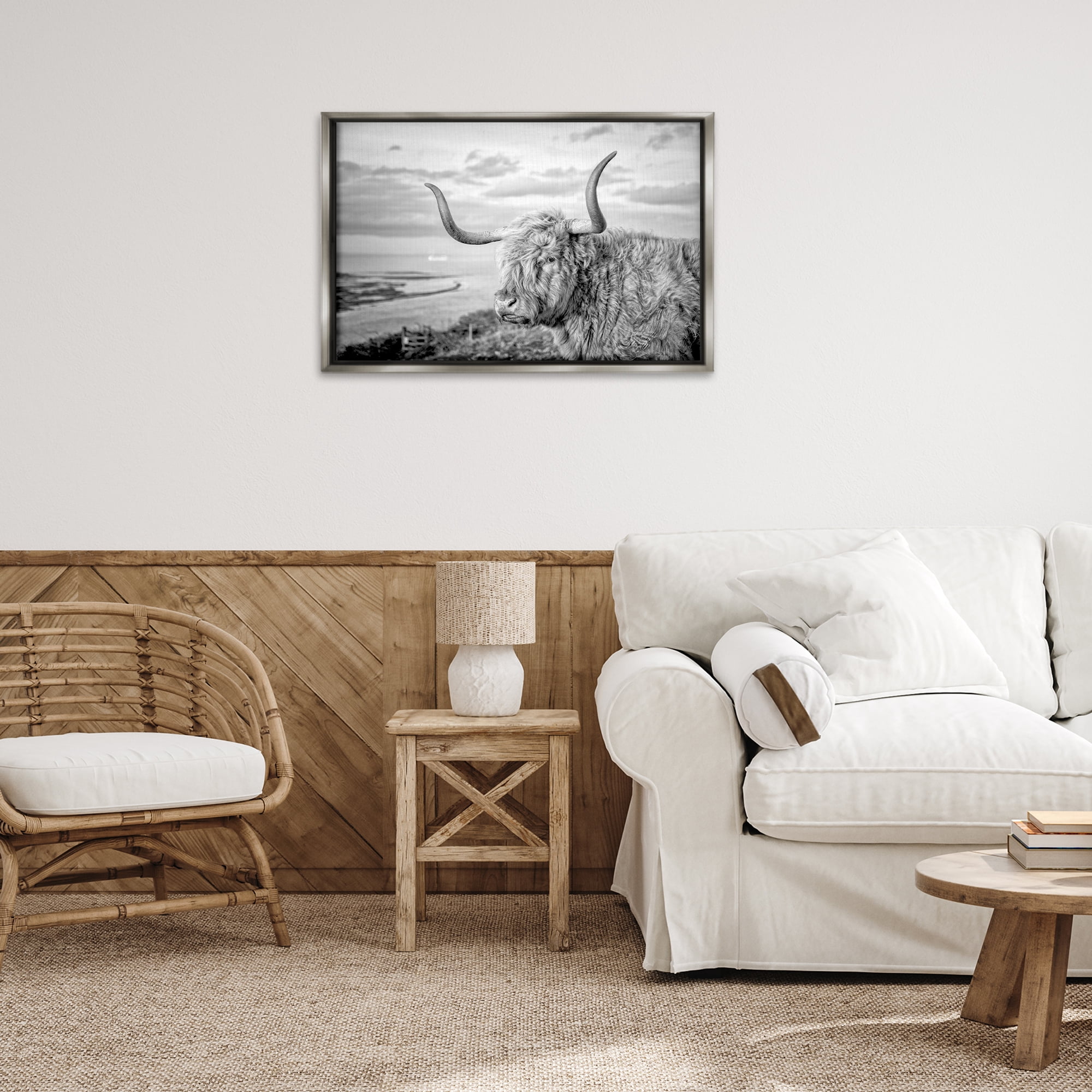 Stupell Industries Cattle with Ocean Breeze Animals & Insects Photography Gray Floater Framed Canvas Art Print Wall Art, 31 x 21