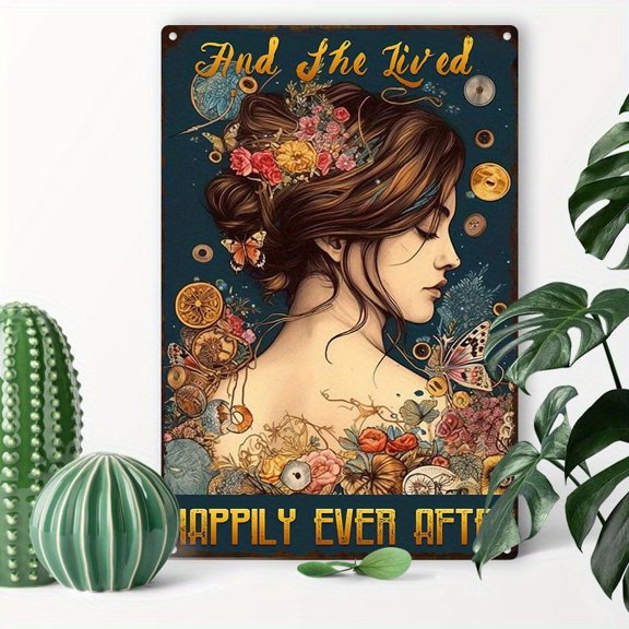 Hippie Vintage Metal Tin Signs Inspirational Quote Motivational Wall Art - And She Lived Happily Ever After Boho Art Poster - Positive Encouragement Gifts for Women Girls Office Bedroom Bar Wall Decor