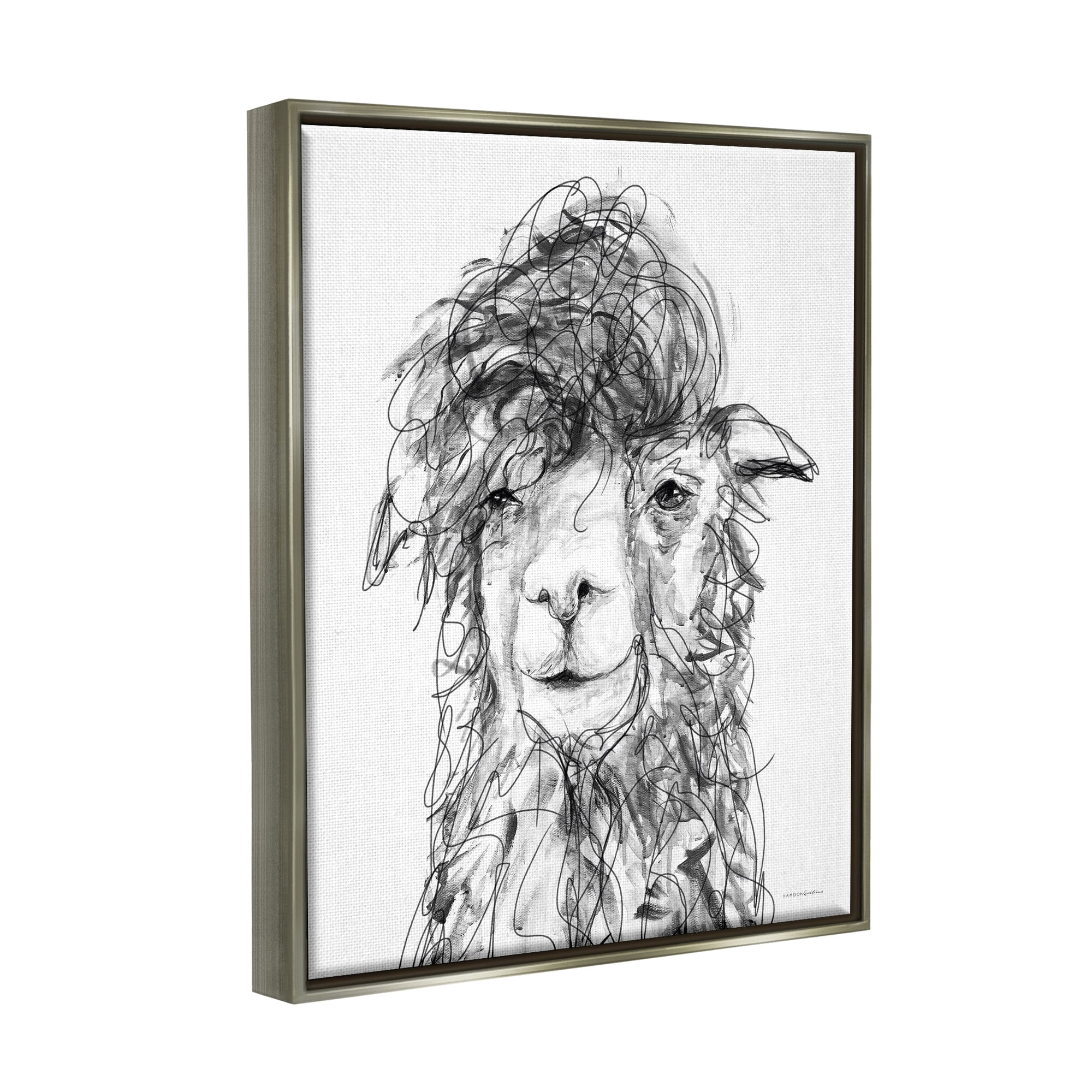 Stupell Industries Fluffy Hair Alpaca Llama Smiling Scribble Lines Drawing Print Luster Gray Floating Framed Canvas Print Wall Art, Design by Kamdon Kreations