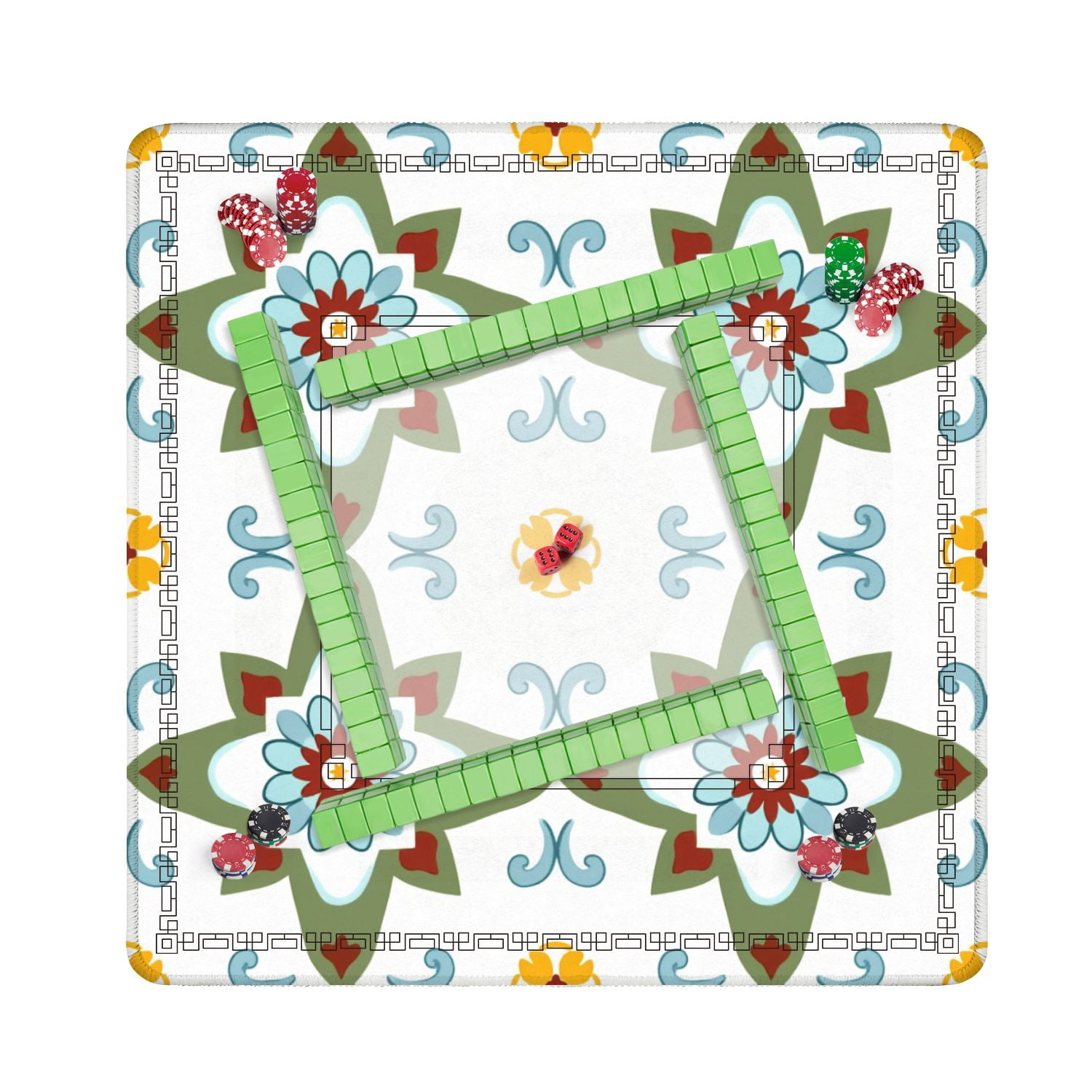 Mahjong Mat 31.5" x 31.5" Floral Geometric Soft Blues Reds White Non-Slip Noise Reduction American Mahjong Tiles Table Cover for Dominoes Poker Card Board Games Gift