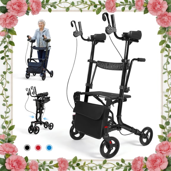 QEASET Black Upright Rollator Walker, Folding Wheelchair, Mother's Day Gift