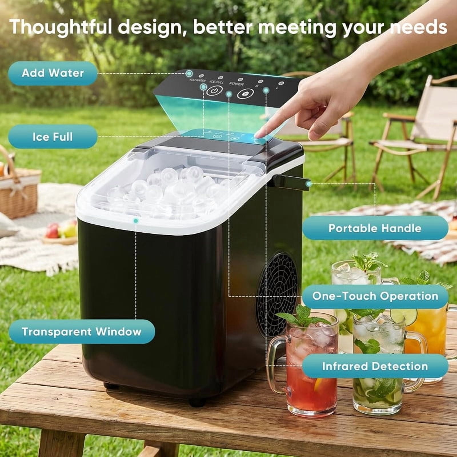 Simenmax Ice Maker Countertop – 26lbs Desktop ice maker with Handle for Home, Kitchen, Office, Outdoors, RV, Camping, Black