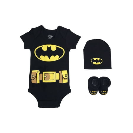 Batman Short Sleeve Bodysuit, Booties & Cap, 3-piece Layette Gift Set (Newborn Baby