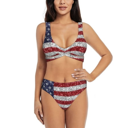 Zeuib America Flag Glitter High Waisted Tummy Control Bikini Set - Knot Front Push Up Top & Cheeky Thong Bottom  Two-Piece Swimsuit for Women-X-Large