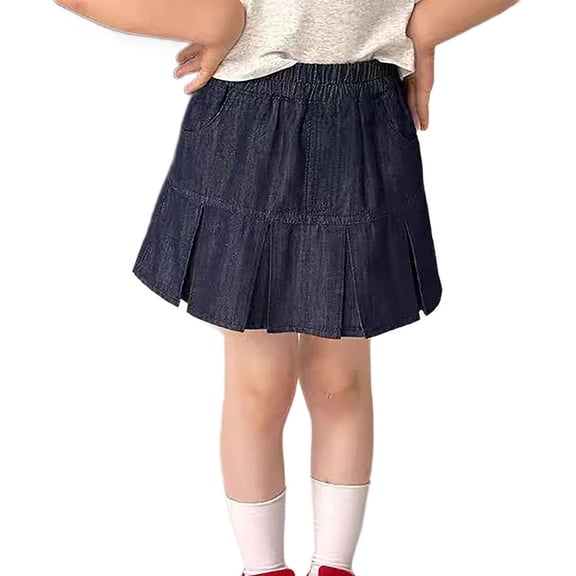 SNKSDGM Girls' Denim Pleated Skort, Elastic Waist 2-in-1 Pleated Mini Skirt with Shorts No- Elastic Waist Toddler Tutu Dark Blue 3-4 Years
