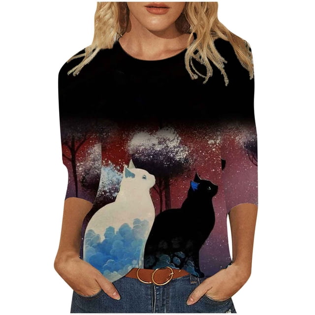 Camisas y blusas 3/4 para mujer, camiseta de verano para mujer, cuello redondo, estampado de flores, tops sueltos, camisetas de manga corta para niña Fridja hkj2924