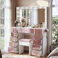 thumbnail image 2 of Oufan 41.7" Makeup Vanity with Cushioned Stool, Accent Dressing Table with Visual Glass Top & 11 Pink Finish Drawers for Bedroom, Pink, 2 of 11