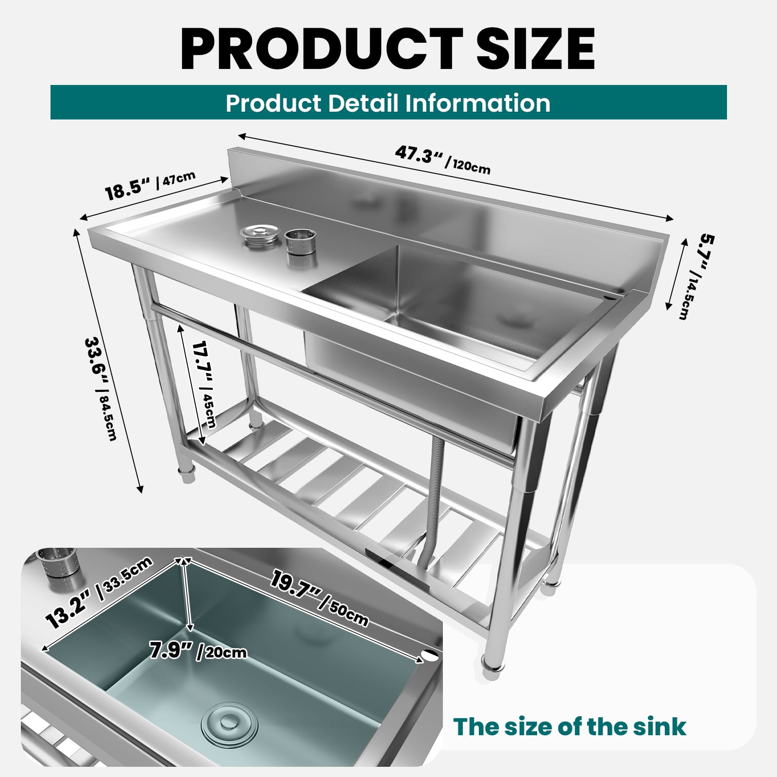 Stainless Steel Commercial Kitchen Sink, Free Standing Stainless-Steel Single Sink with Cold & Hot Water Faucet, Utility Sink for Restaurant & Home Kitchen