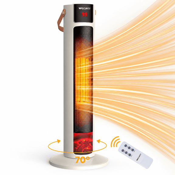 VECUKTY 26" Tower Space Heater with 3D Flame, 1500W Portable Electric Tower Electric Heater, 70 °Oscillation, 9H Timer,Remote Control for Indoor Bedroom Office Home