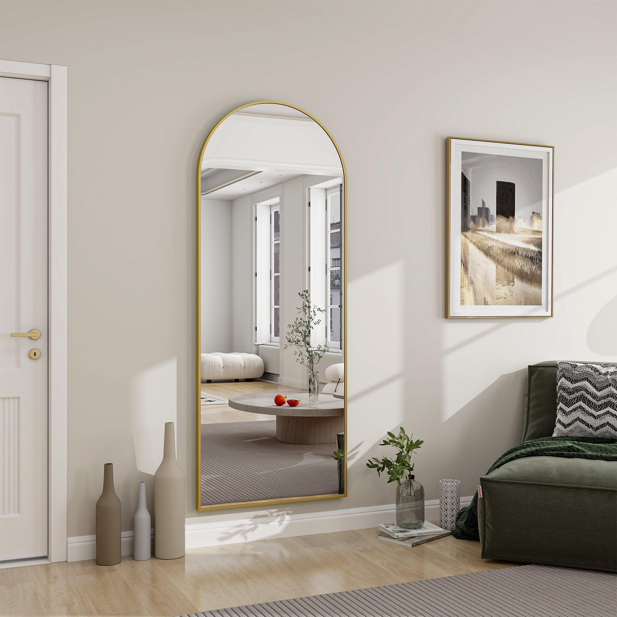 Anyrose 24"x65" Full Length Mirror with Arch-Top Standing Mirror Wall Mounted, Gold