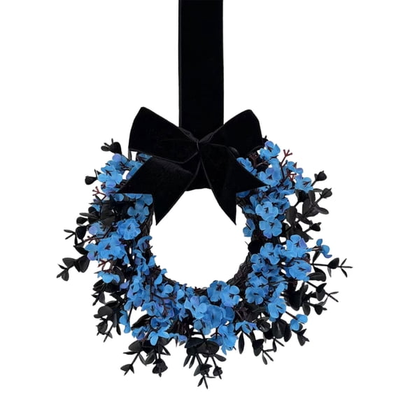 FXMLRLK 1 Pack Halloween Cabinet Wreaths with Ribbon Bows Artificial Flowers Kitchen Wreath for Window Front Door Farmhouse Wall Halloween Decorations, Blue