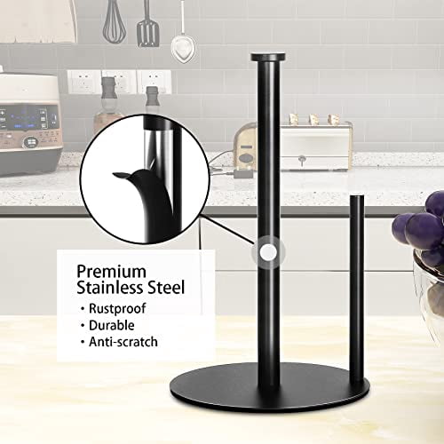 Stainless Steel Paper Towel Holder Stand for Kitchen Countertop and Bathroom Organization, Holds Standard and Large Paper Towel Rolls in Matte Black Finish