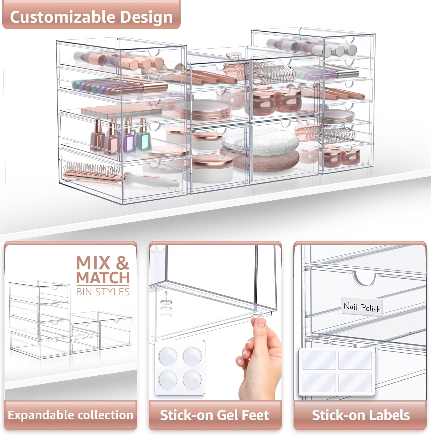 Sorbus 4-Piece Clear Acrylic Makeup Organizer with 18 Drawers, Stackable Storage Bins