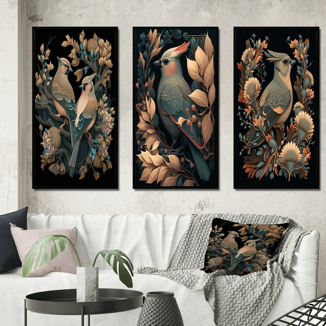 Designart "Faded Retro Tones Cardinal Bird II" Animals Bird Framed Wall Art Set Of 3 - Red Bird Frame Canvas Set For Living Room Decor