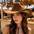thumbnail image 2 of TEAJOPSUU Womens Western Cowboy Hats Shapeable Big Wide Brim Cowgirl Hat with Embroidery Chin Strap Classic Style Hats Brown, 2 of 5