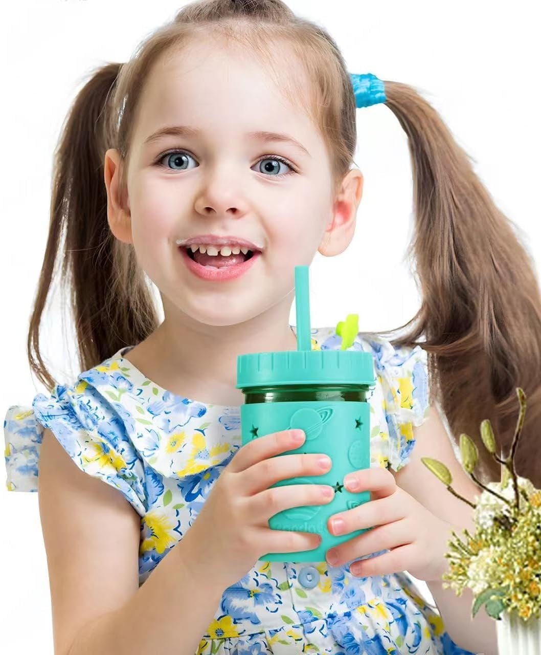 PandaEar Kids & Toddler Glass Cups, 4 Pack Glass Mason Jar Cups 8.45 oz with Silicone Sleeves & Straws, Toddler Spill-Proof Smoothie & Snack Cups