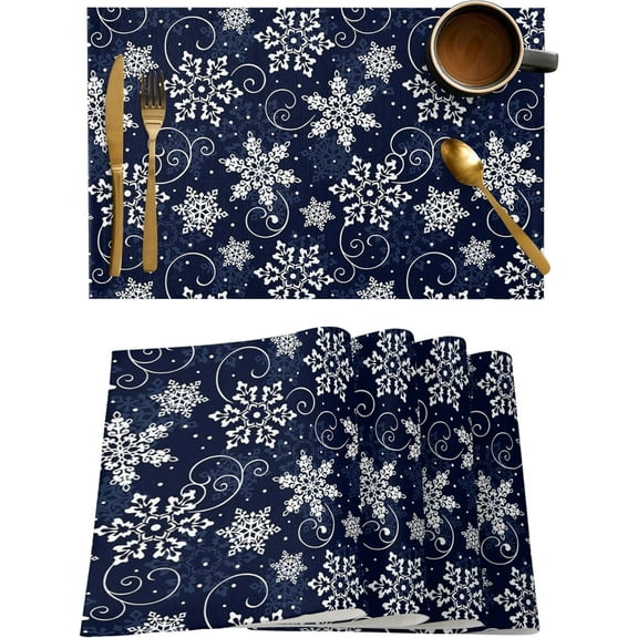 Christmas Placemats Set of 6, White Navy Snowflakes Pattern Heat Resistant Washable Table Place Mats Winter Cotton Table Linens Party Holiday Decor for Kitchen Dining Outdoor Indoor