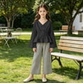 thumbnail image 6 of SGFCWSX Girls 2 Piece Outfits Bell Sleeve V Neck Peplum Tops Striped Wide Leg Pants Casual Clothes Set Black Size 15, 6 of 8