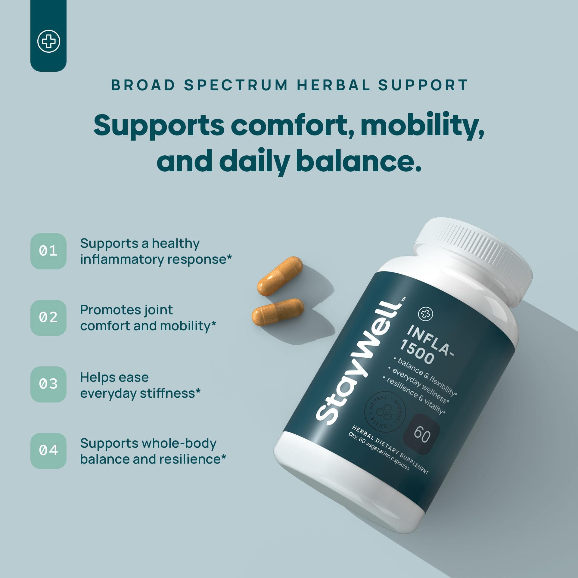 Stay-Well Naturals Infla-1500 All-Natural Relief Supplement Extract Blend with Turmeric, White Willow Bark, Ashwagandha, Ginger, Boswellia, Bromelain, Omega-3 and Magnesium-60ct
