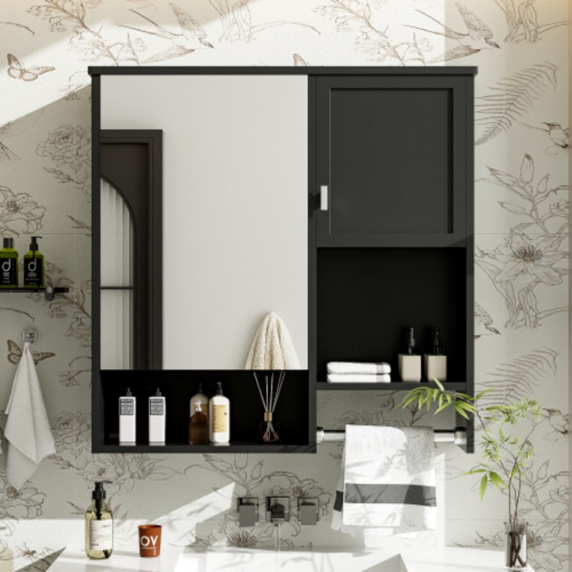 29"x 28" Modern Wall Mounted Bathroom Medicine Cabinet with Mirror, Over The Toilet Storage Cabinet, Adjustable Shelf Bathroom Wall Cabinet with Towel Bar, Black