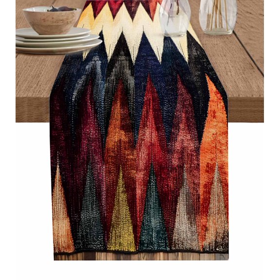 Vintage Colorful Geometric Table Runner 36 Inches, Abstract Art Waves Stripe Bed Runner Dresser Scarves Tabletop for Indoor Outdoor Parties/Ceremony/Banquet, 13"x 36"