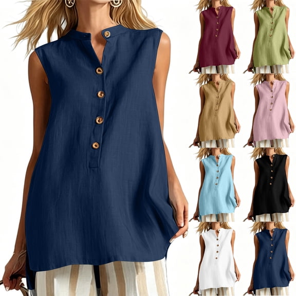 Zynoxe Womens Cotton Linen Tops Summer Mock Neck Sleeveless Button Up Tank Tops for Daily Wear Casual Flowy Ventilate Side Split Work Business Tops Sky Blue S