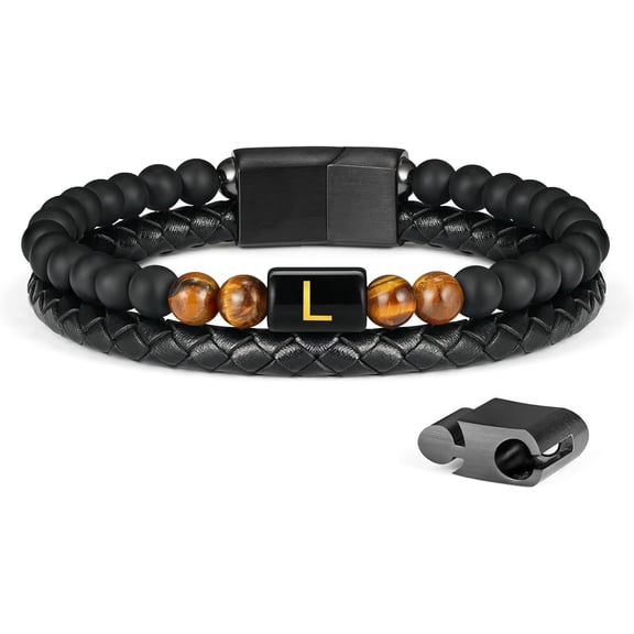 Leander Gifts for Men - Mens Bracelet, Beaded Leather Initial Bracelet 6mm Matte Agate Stone Handmade Bracelets Adjustable Stainless Steel Magnetic Clasp Mens Jewelry Gifts