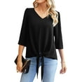 thumbnail image 3 of Uvplove Chiffon Blouses for Women V Neck Tie Front 3/4 Sleeve Tops Business Casual Office Work Loose Top Shirts, 3 of 12