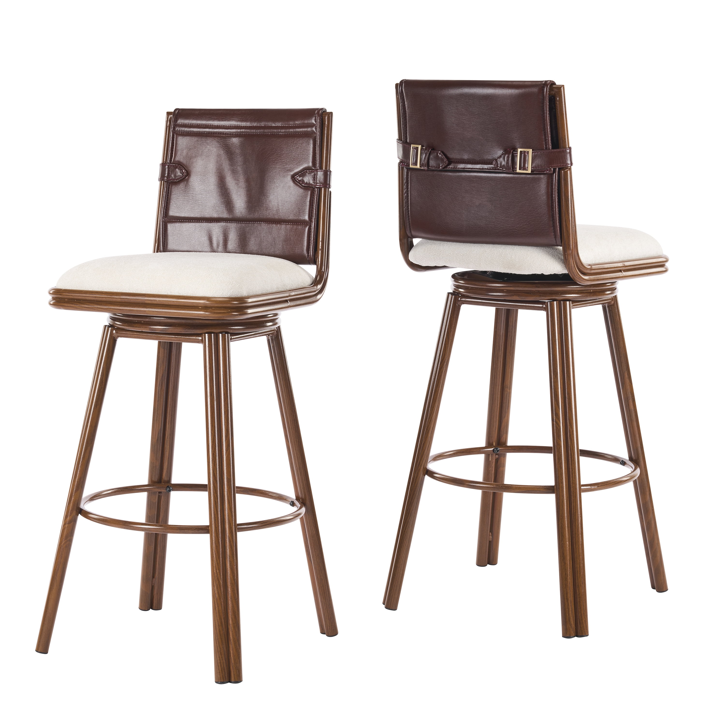Counter Height Swivel Stools, 360-Degree Rotating Bar Stools with Beige Fabric Seat and Walnut Finish Iron Frame, Adjustable Height Stools for Kitchen Island, Game Room, Office, Set of 2