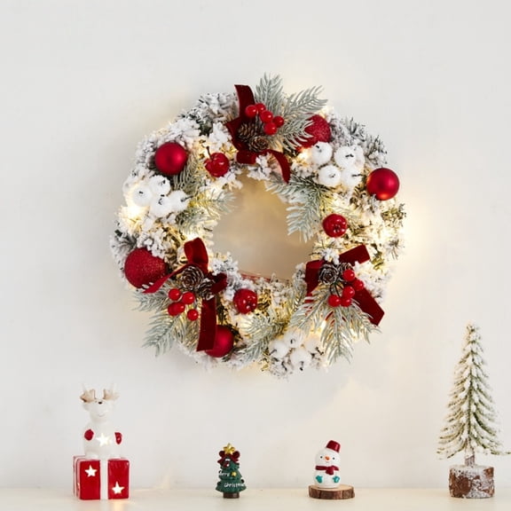 11. Inch Winter Wreath for Front Door with Pinecones & Red Berries, Artificial Christmas Wreath with Hanging Ball Ornaments and Bow, Farmhouse Holiday Decor for Indoor Outdoor-1PCS