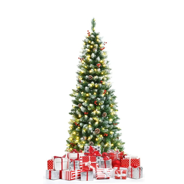 Patiojoy 6ft Pre-lit Artificial Christmas Tree Slim Artificial Xmas Tree w/ 300 Replaceable LED Lights & 618 Branch Tips