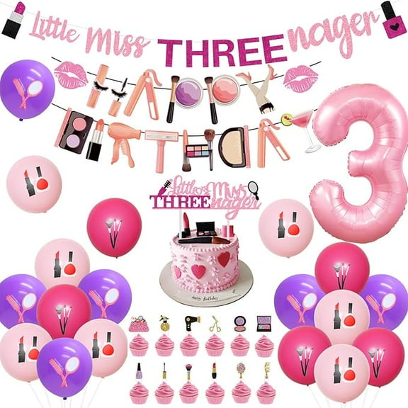 Little Miss Threenager Birthday Decorations, Makeup Party Supplies for Girls 3rd Birthday, Little Miss Threenager Banner Cake Topper Lipstick Balloon for Spa Salon Party