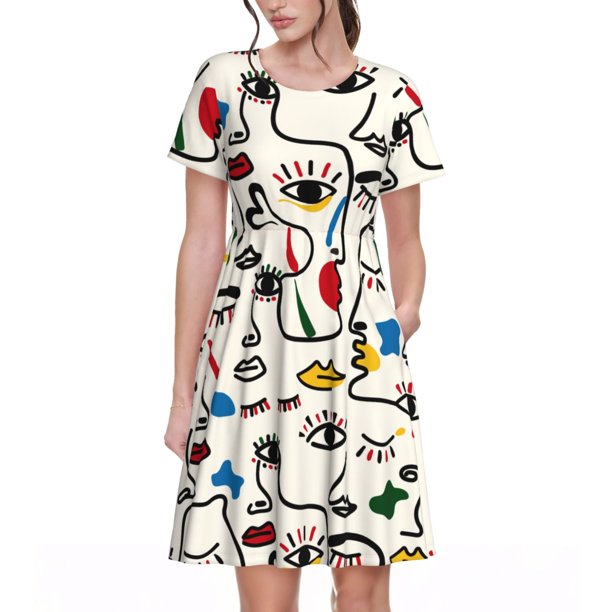Easygdp Aabstract Eyes para Vestido Transpirable de Mujer, Vestido Suelto de Manga Corta con Pliegues y Bolsillos para el Verano