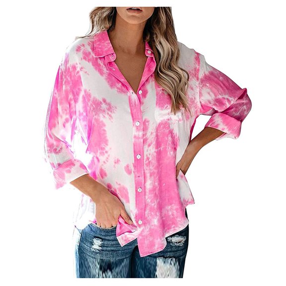 Fimkaul Women's Button Down Shirts Winter Fall Long Sleeve Casual Tops Tunic Tie-dye Printed Chiffon Blouse Pink XXL