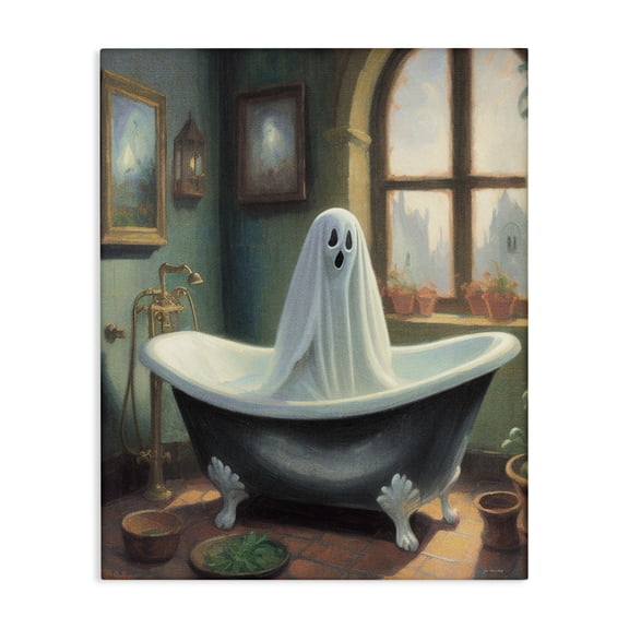 Stupell Industries Ghost Bathing in Tub Holiday Painting Wrapped Canvas Canvas Art Print Wall Art, 16 x 20