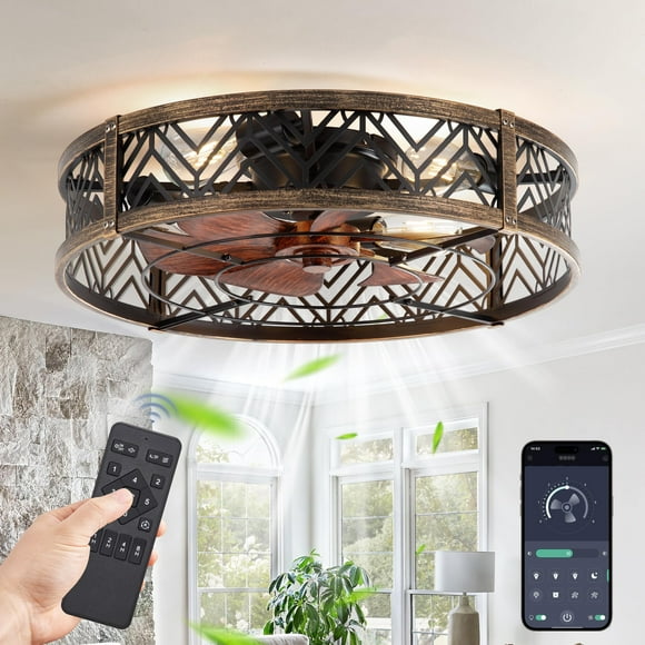 Ventilador de techo LEDIARY de 23 pulgadas con control remoto empotrado para aplicación, negro y dorado