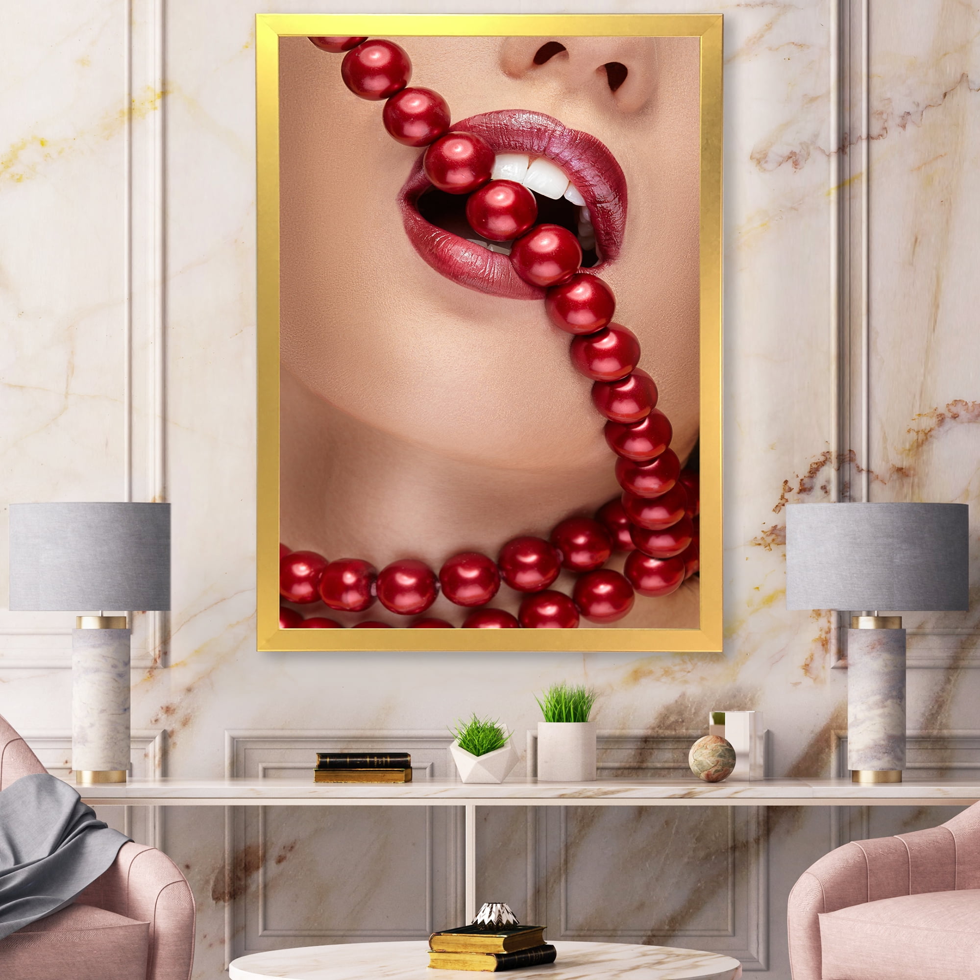 Designart 'Girl Mouth With Red Lipstick Biting Red Pearls' Modern Framed Art Print