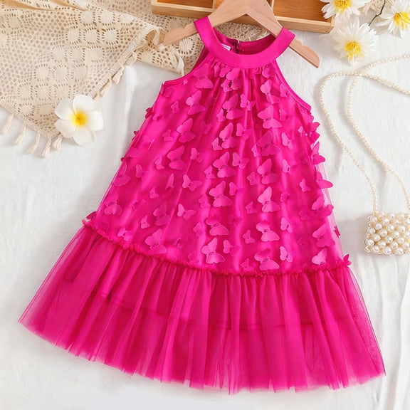 BLTIBY Girls Halter Tulle Dresses Sleeveless 3D Butterflies A Line Tutu Dress Summer Elegant Pageant Birthday Party Gowns Hot Pink 7-8 Years