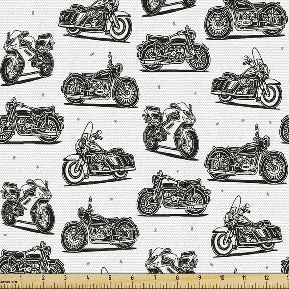 Ambesonne Motorcycle Fabric by the Yard Upholstery, Retro Style Drawings, 1 Yard, Grey White Black